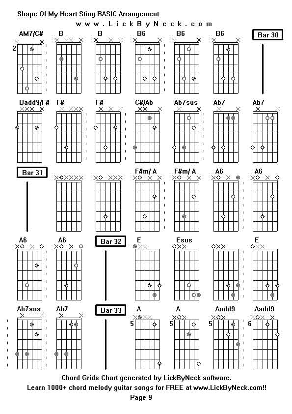 Chord Grids Chart of chord melody fingerstyle guitar song-Shape Of My Heart-Sting-BASIC Arrangement,generated by LickByNeck software.